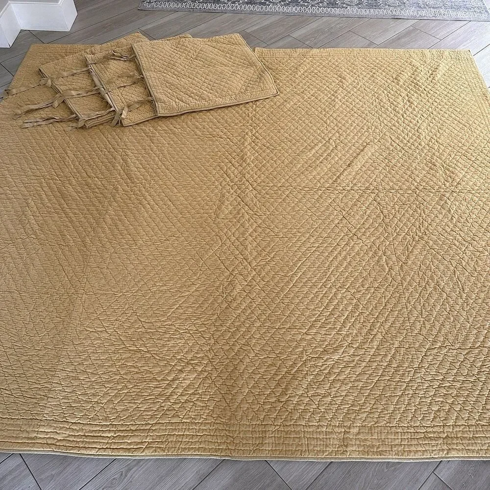 Pottery Barn Gold Washed Velvet Silk Diamond Quilt King Size + 3 Euro Shams